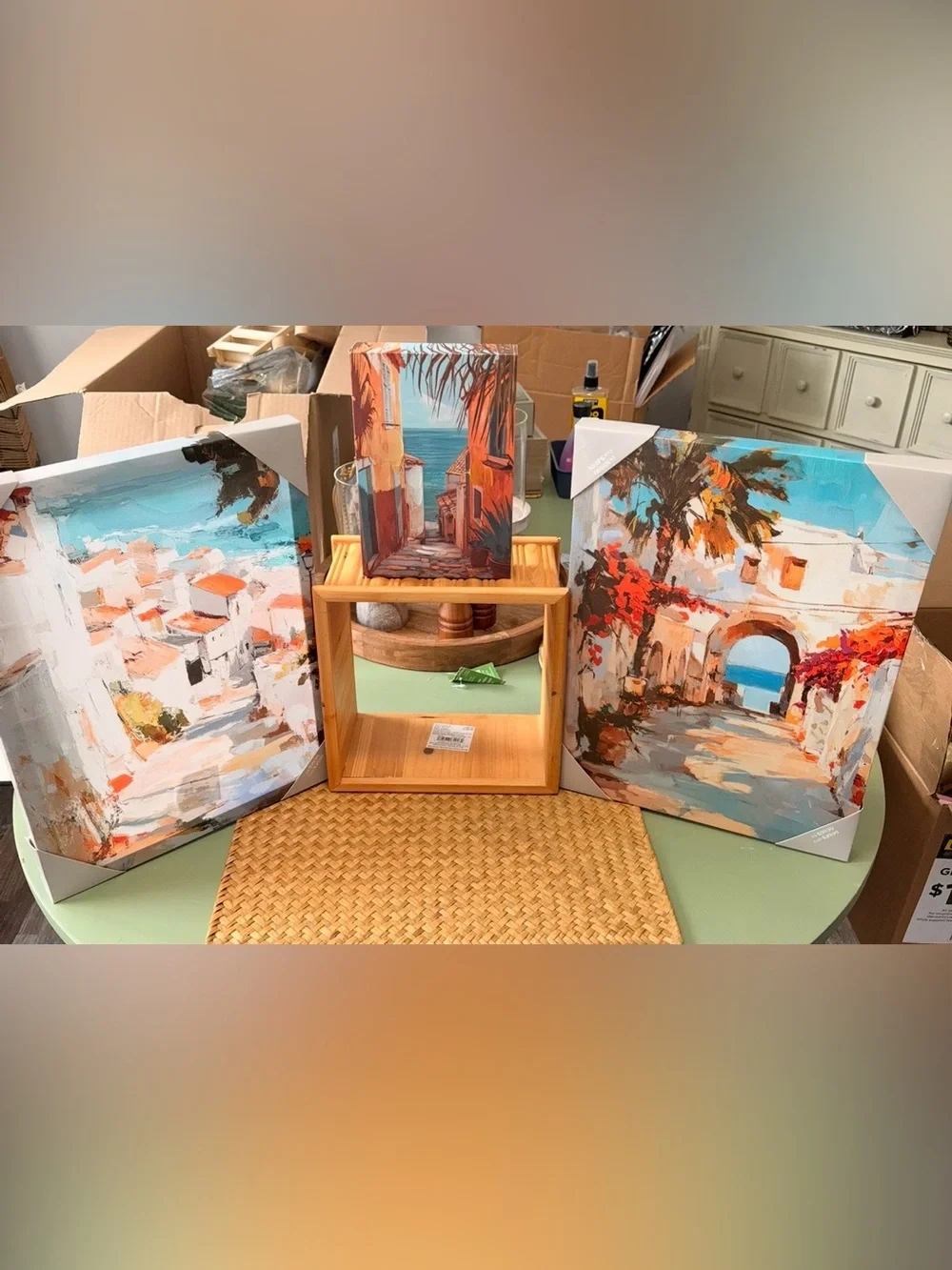 Ashland Coastal Village Canvas Trio with Natural Wood Cube